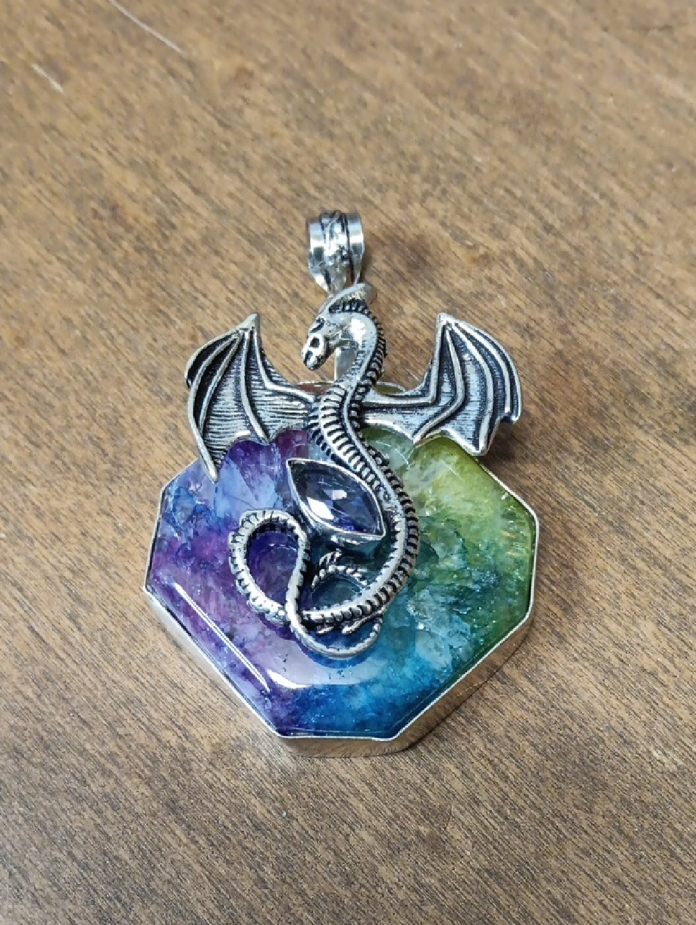 Dragon Gemstone Pendant Statment Necklace — Multicolor Rainbow Solar Quartz